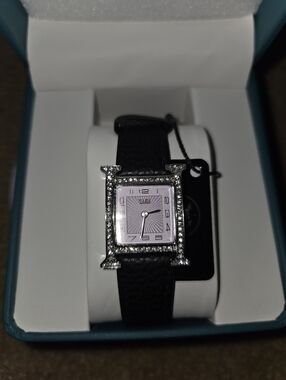 BIBI Luxury Crystal Square Purple Dial Watch with Black Genuine Leather Strap